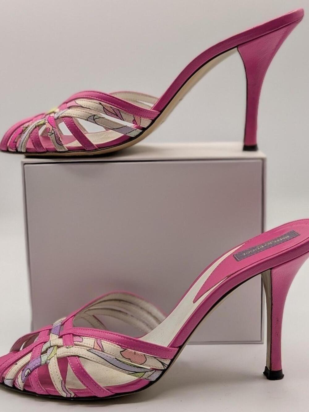Emilio Pucci 37 EU 6.5 US Pink Leather Floral Kitten Heel Mules Made in Italy - Picture 9 of 13